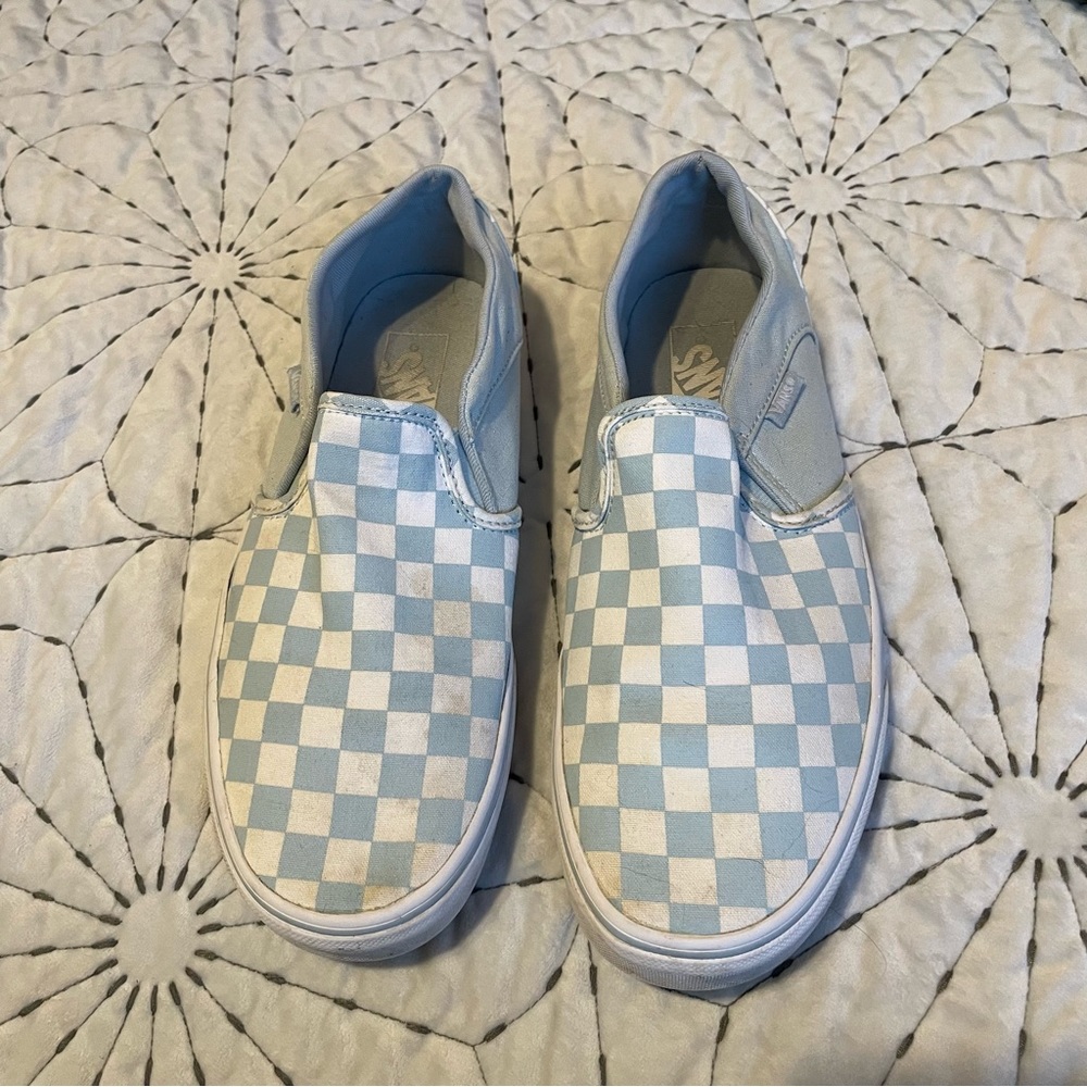 Vans Blue and White Checkered Slides